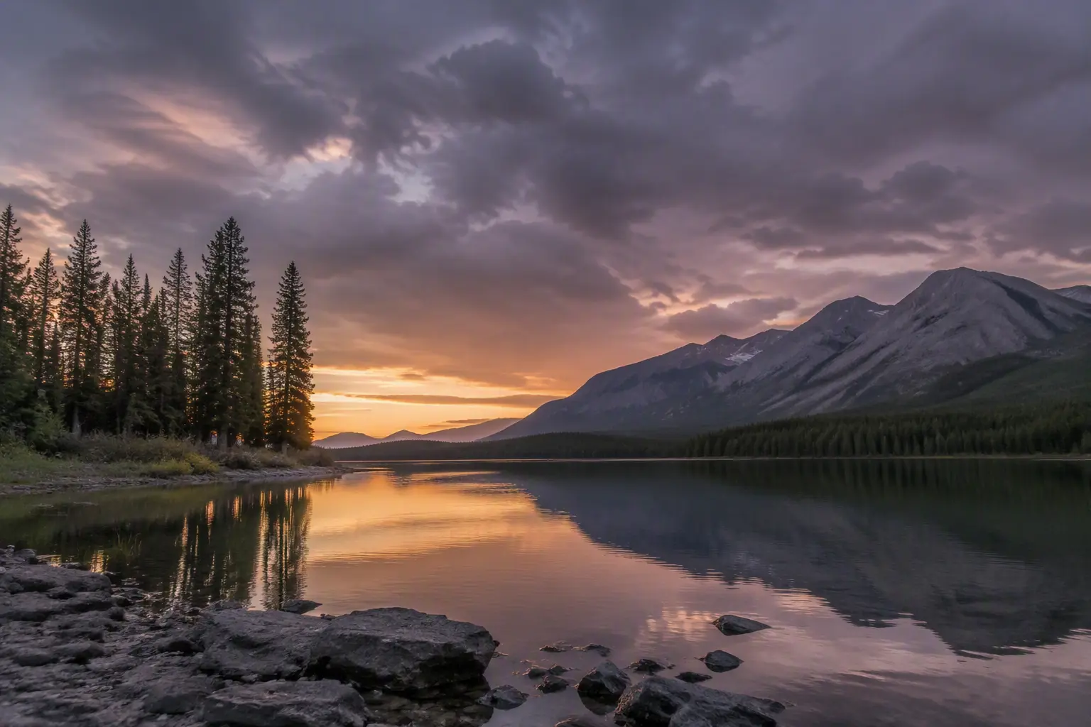 A still mountain lake at sunset — the calm of an ordered system