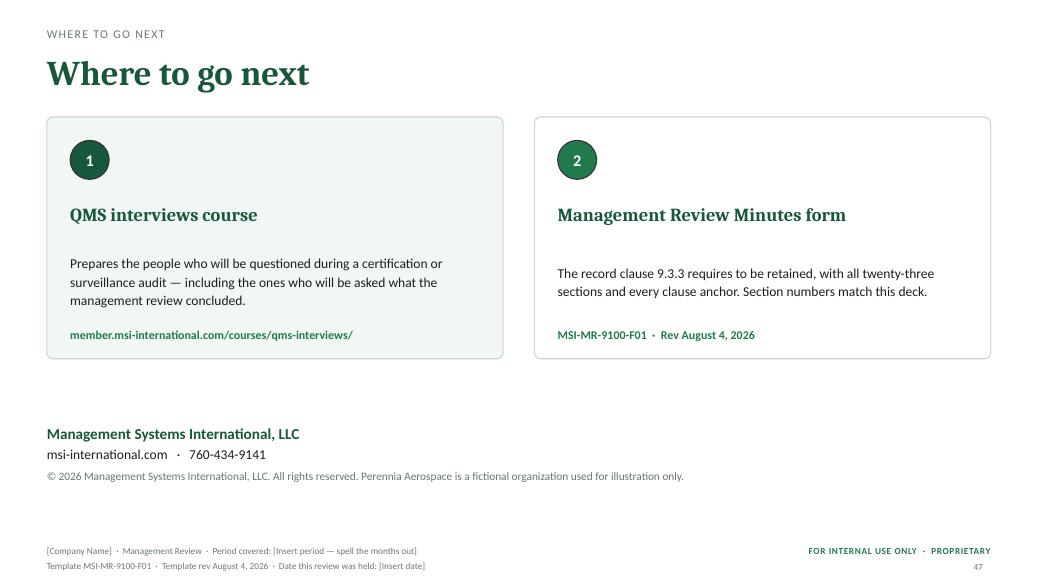 Where to go next — MSI AS 9100 D management review toolkit sample slide