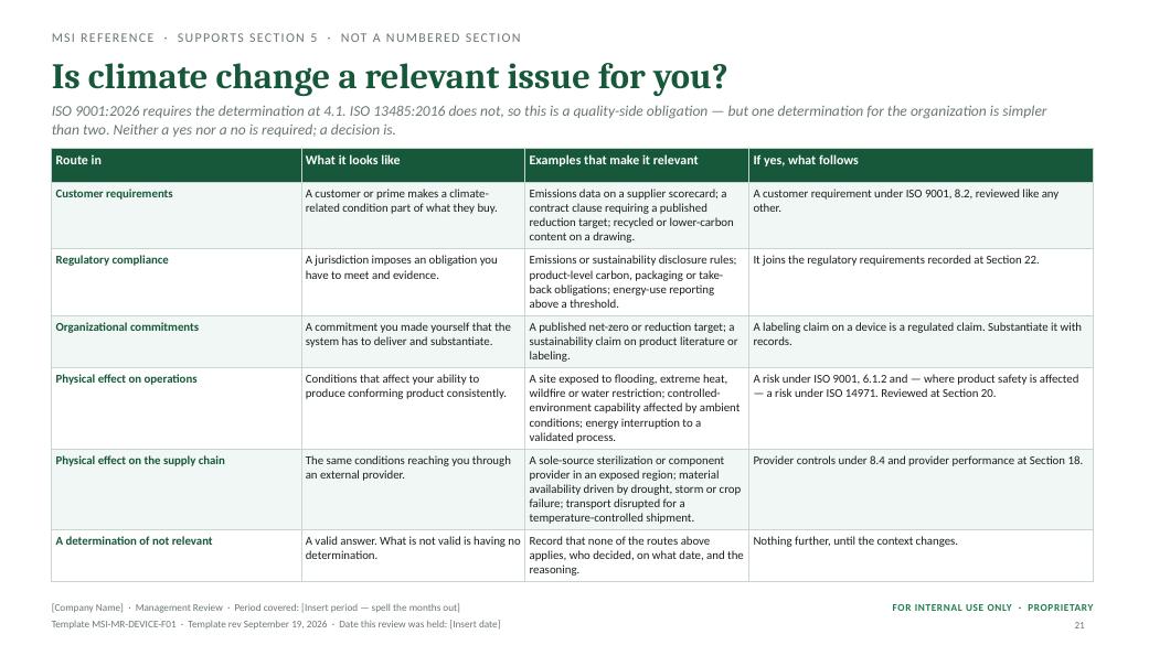 Climate change reference — MSI 9001 + 13485 management review toolkit sample slide