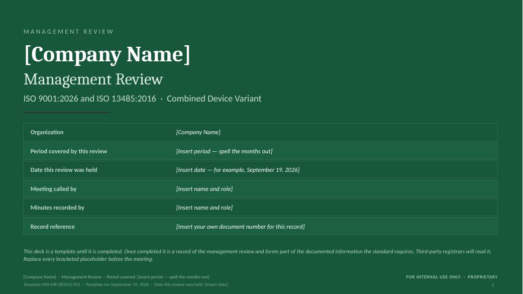 The cover — MSI 9001 + 13485 management review toolkit sample slide