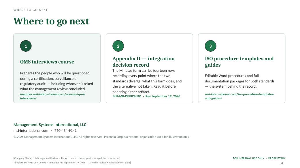 Where to go next — MSI 9001 + 13485 management review toolkit sample slide