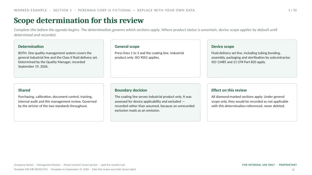 A worked example — MSI 9001 + 13485 management review toolkit sample slide
