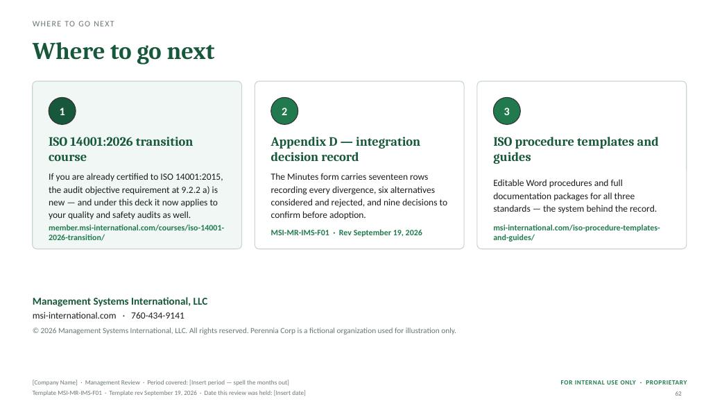 Where to go next — MSI 9001 + 14001 + 45001 management review toolkit sample slide