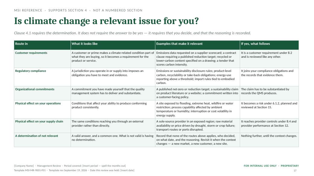 Climate change reference — MSI ISO 9001 management review toolkit sample slide