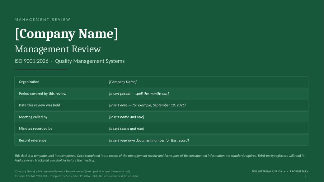 The cover — MSI ISO 9001 management review toolkit sample slide
