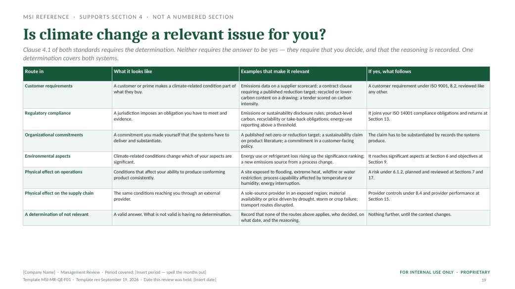 Climate change reference — MSI 9001 + 14001 management review toolkit sample slide