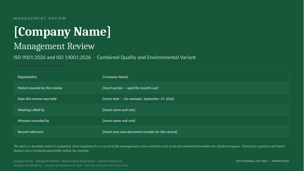 The cover — MSI 9001 + 14001 management review toolkit sample slide