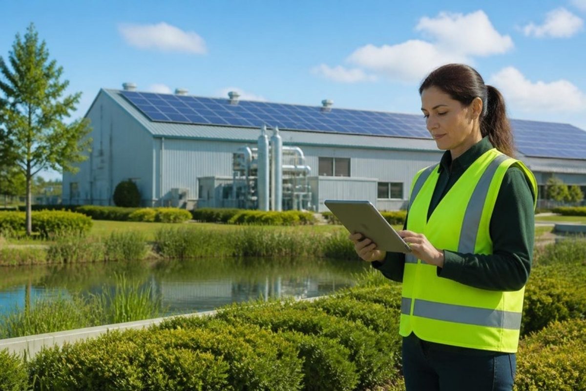 Environmental manager reviewing data at a solar-powered facility — ISO 14001 environmental management
