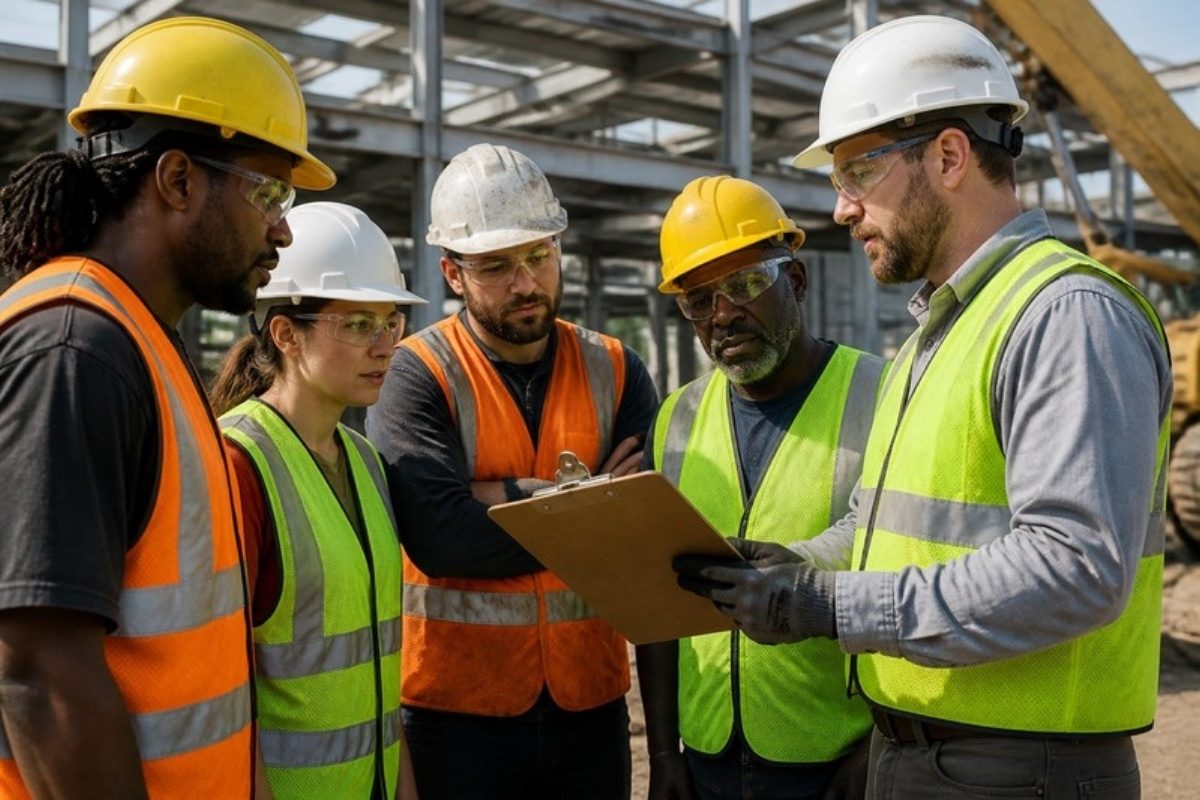 Construction crew safety briefing in hard hats and hi-vis vests — ISO 45001 occupational health and safety