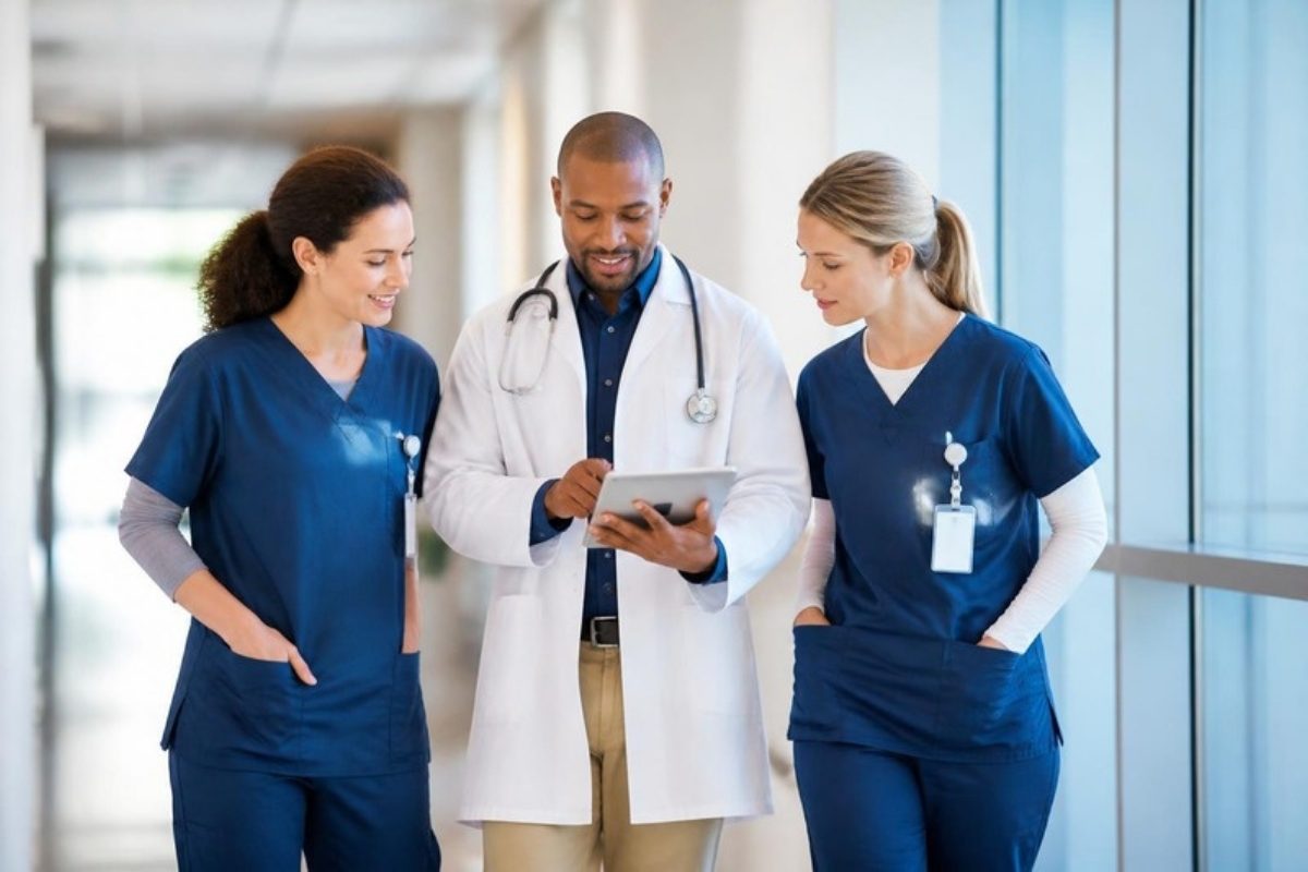 Doctor and nurses reviewing a patient chart in a hospital corridor — ISO 7101 healthcare quality