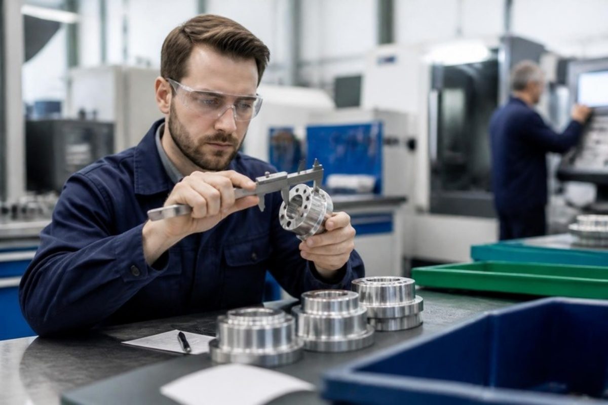 Quality inspector measuring a precision machined part — ISO 9001 quality management