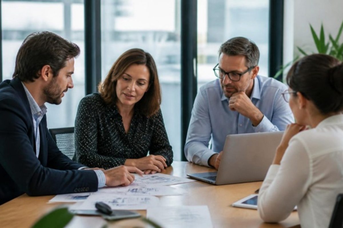ISO consultant reviewing process documents with a client team