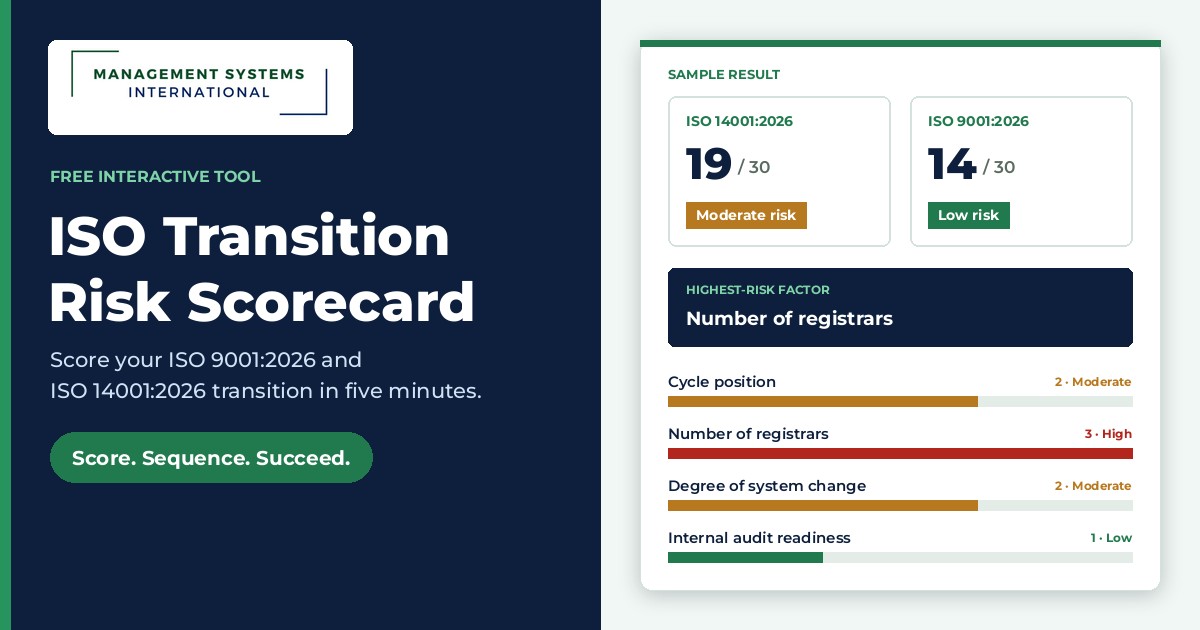 ISO Transition Risk Assessment: Proven Plan for 9001 & 14001 1 ISO transition risk assessment scorecard showing a sample ISO 14001:2026 and ISO 9001:2026 result